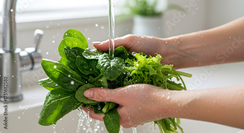 Woman washing fresh green vegetables under running water in kitchen sink for healthy eating and preparing vegetarian salad with spinach and lettuce