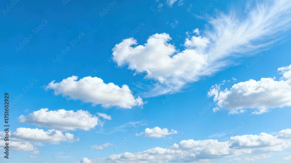 Naklejka premium Fluffy cumulus clouds drift across a clear blue sky.