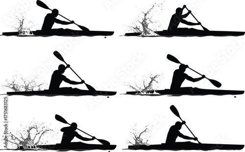Kayaking man silhouette vector illustration set showing paddling actions with water splash effects, adventure sport design isolated on white background for outdoor activity concept
