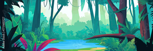 Tropical jungle forest landscape with vibrant green foliage river and dense exotic trees in flat colorful vector style illustration for adventure background design