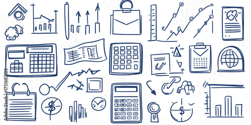Hand drawn doodle business icons set with calculators, charts, graphs, clipboard, paper documents, money symbols, and office stationery elements for finance and teamwork concepts