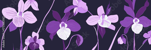 Elegant purple orchid flowers seamless pattern with minimalist botanical design and dark background for decorative floral textile or wallpaper