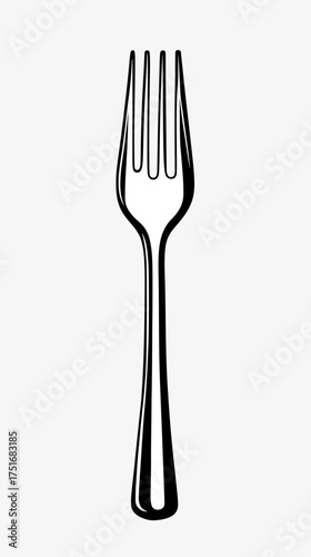 Minimalist black and white fork vector illustration with simple flat design, kitchen utensil silhouette for food and dining concepts, isolated on white background