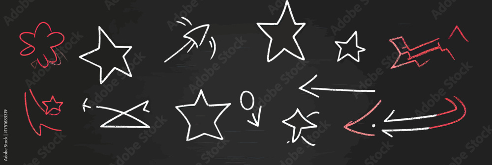 Obraz premium Hand drawn red and white star sparkle doodles with arrows and underlines on black chalkboard background vector illustration design elements emphasis highlights