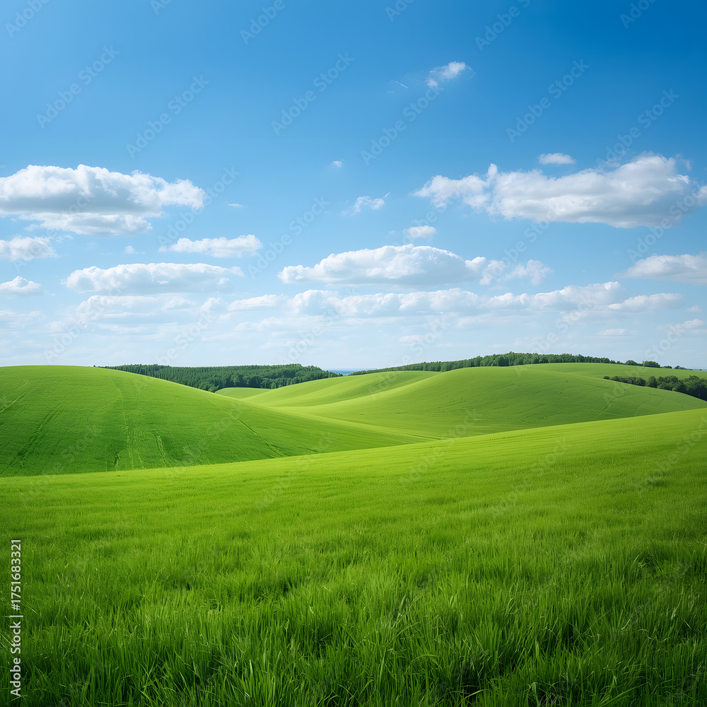 Fototapeta premium Summer Rolling Green Field Landscape Under a Blue Sky with Clouds