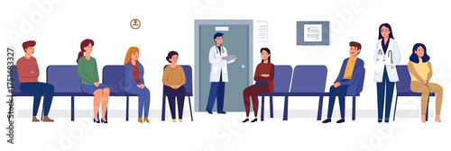 Medical clinic waiting room with diverse patients sitting on chairs and doctor inviting next patient in flat minimalist vector illustration
