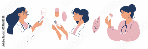 Three female doctors in medical coats examining prescription pill bottles and pills, healthcare consultation, modern flat vector illustration style