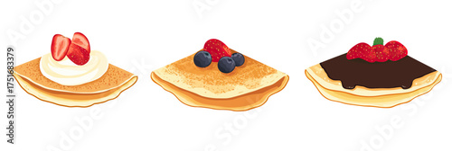 Three sweet crepes with various toppings including strawberries and cream, blueberries with powdered sugar, and chocolate sauce with strawberries in flat vector style