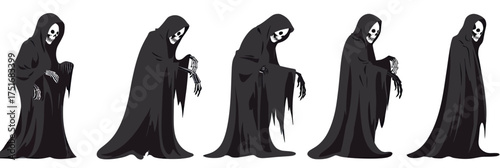 Set of hooded grim reaper vector silhouettes showing skeleton figures with eerie expressions in dark cloaks in various standing poses for Halloween design
