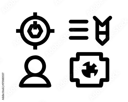 Icon set displaying targeting, prioritization, and healthcare