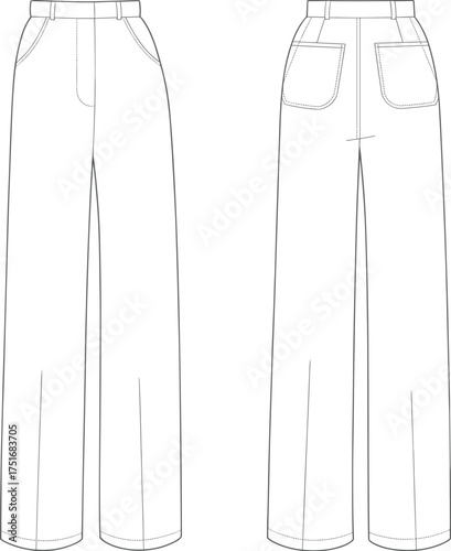 Technical flat sketch, women straight leg pants, CAD fashion drawing, front and back view, apparel design template, garment construction illustration