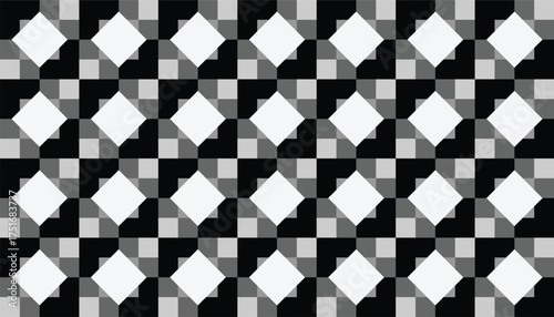 A seamless geometric pattern composed of alternating diamond and square shapes in black, white, and gray tones. The clean contrast and structured layout create a bold, modern optical illusion effect.