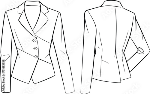 Technical flat sketch, women tailored blazer, asymmetrical design, CAD fashion drawing, front and back view, garment construction template, apparel illustration