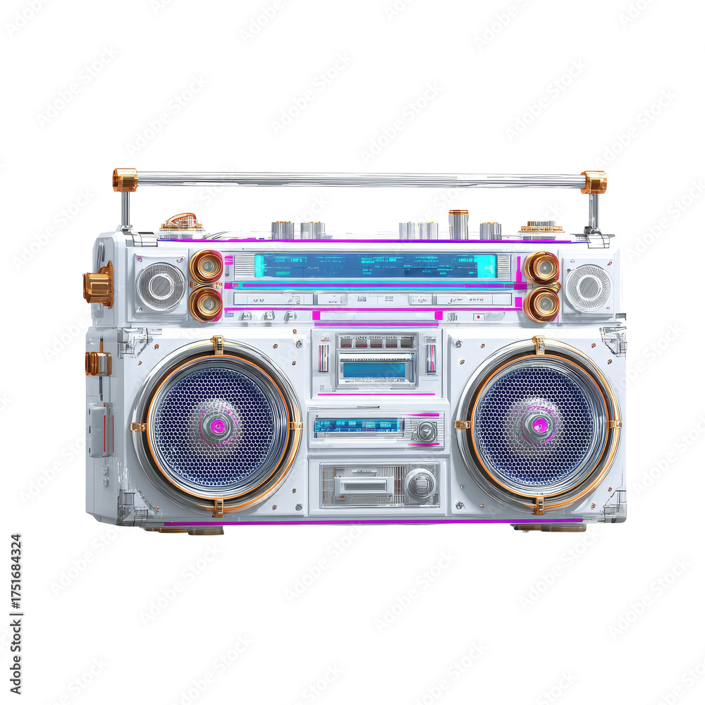 Fototapeta premium Retro boombox, white, metallic, glowing
