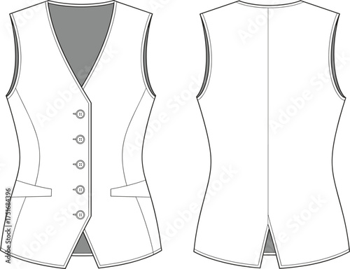Technical flat sketch, women tailored vest, CAD fashion drawing, front and back view, apparel design template, garment construction illustration