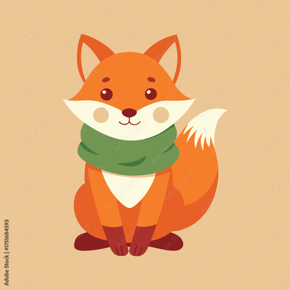 Obraz premium Cute fox wearing green scarf with autumn leaves background, smiling cartoon character vector.