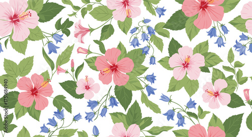 A vibrant floral pattern featuring pink hibiscus flowers and bluebell blossoms with green foliage against a white background.