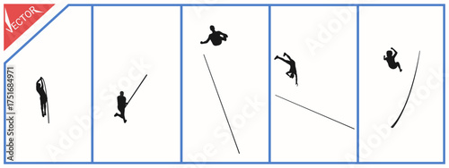Black silhouette of pole vault athlete on white background, sport vector