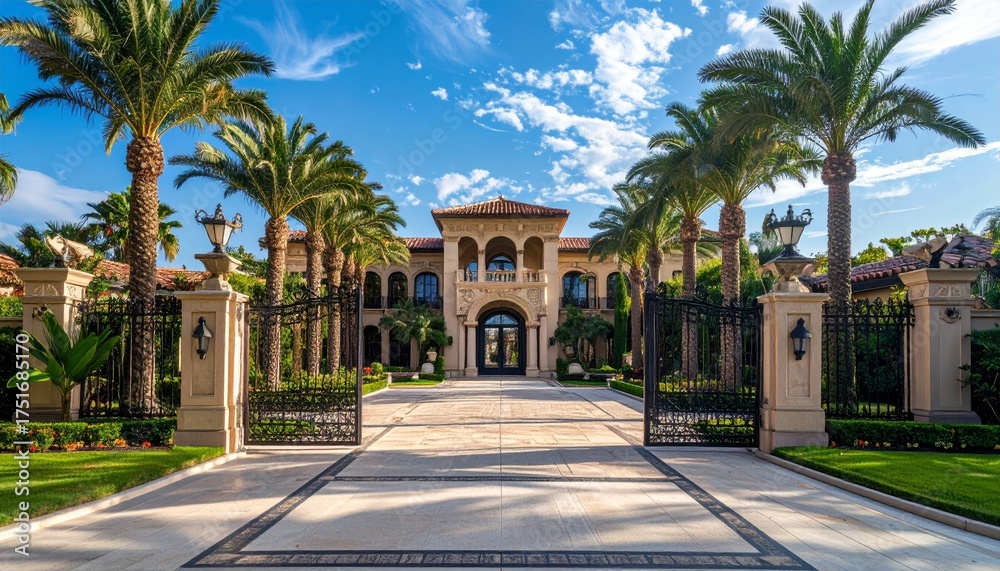 Obraz premium Opulent mansion entrance with grand driveway, ornate gates, and lush palm trees