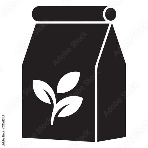 Black and white illustration of a bag with leaves package