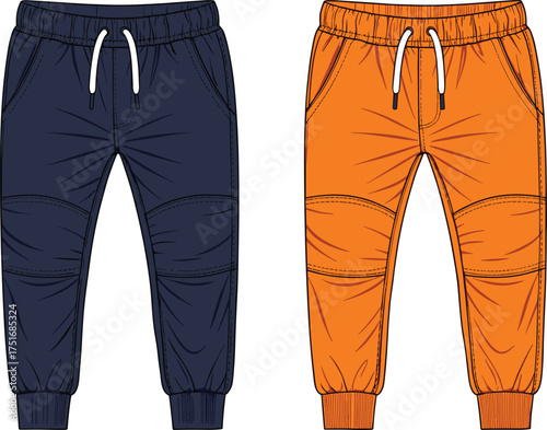 Jogger pants front back view, dark blue orange color, elastic waist cuff, fashion flat design, cad drawing flat vector illustration