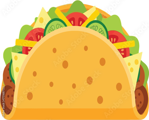 Vector Illustration of a Delicious Taco with Fresh Toppings and a Yellow Tortilla, Isolated on White Background with Copy Space