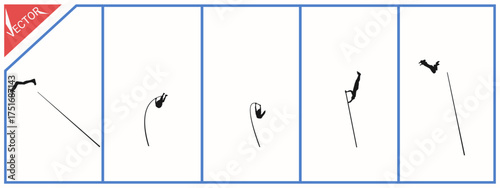 Set of silhouettes of pole vaulters in action. White background. Vector illustration.