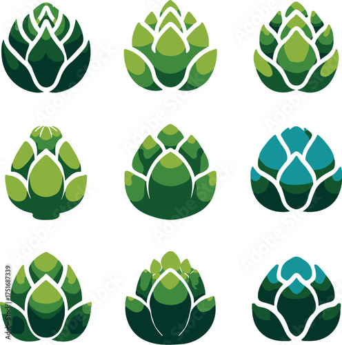 Minimal flat Artichoke Logo Set Geometric Floral Designs in Bold EPS Style