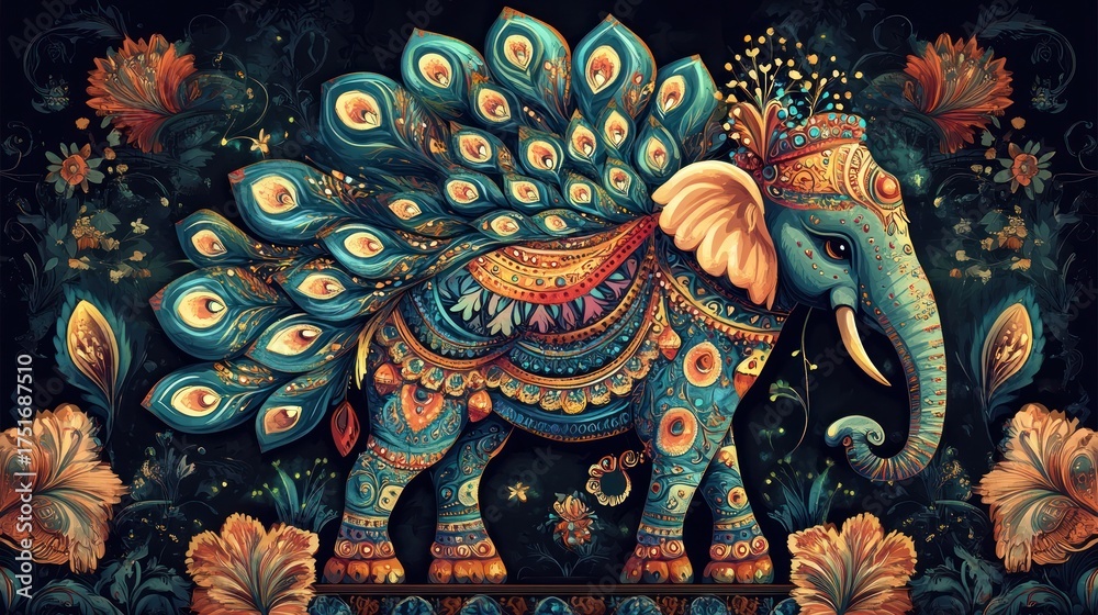 Obraz premium Ornate Elephant with Peacock Feathers, Floral Background, Decorative Art, Print Use