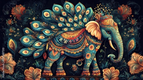 Ornate Elephant with Peacock Feathers, Floral Background, Decorative Art, Print Use