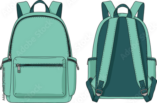 Mint green backpack, front and rear view, zipper pockets, adjustable straps, cad drawing, flat vector illustration, school bag design