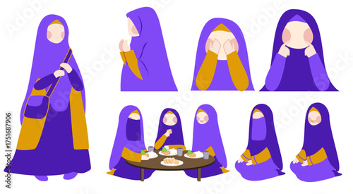 Flat illustration of muslim women in hijab praying eating and smiling in daily activity scenes