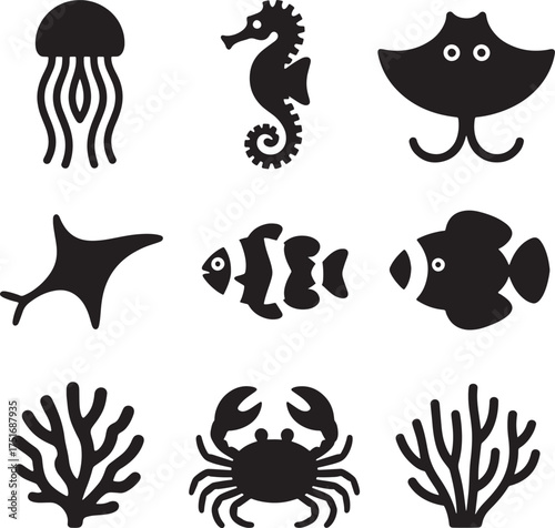 Black silhouette icons of marine life and coral on white background jellyfish seahorse