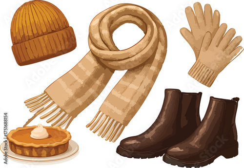 Autumn fashion flat lay, cozy fall accessories, pumpkin pie with whipped cream