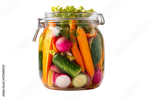 Pickled vegetables in glass jar isolated on transparent background