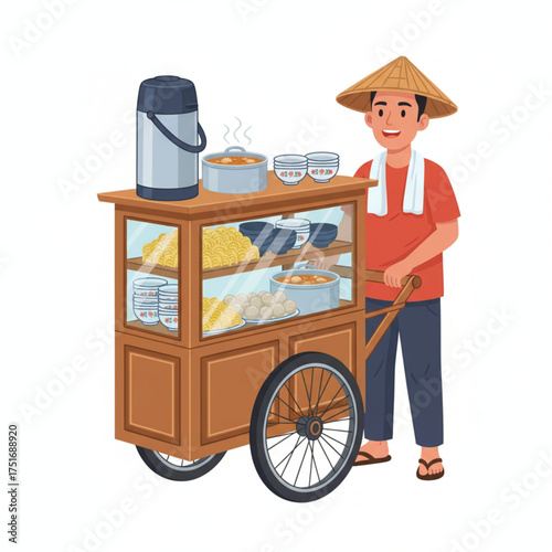 Indonesian Meatball Street Vendor with Cart on White Background