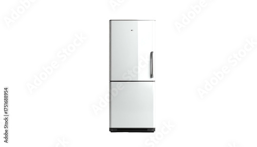 Minimalist, white, two-door refrigerator stands against black