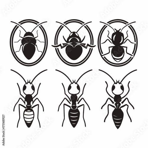 Collection of six ant silhouettes, featuring both enclosed and detailed designs in black and white