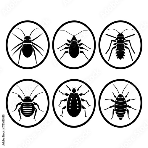 Collection of pest control icons, featuring various common household pests in circles
