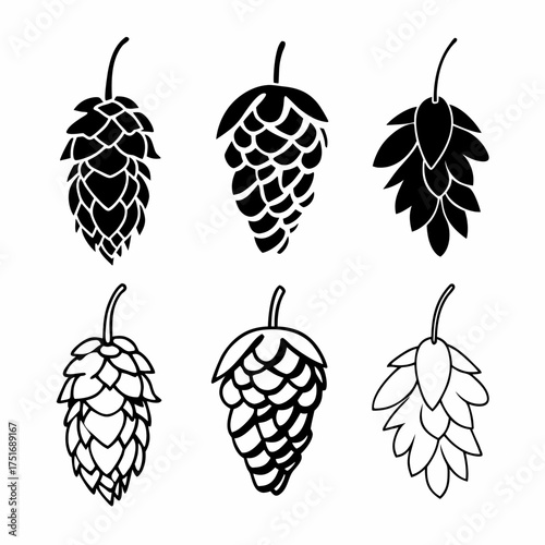 Collection of hop cones, showcasing diverse shapes and styles in black and white