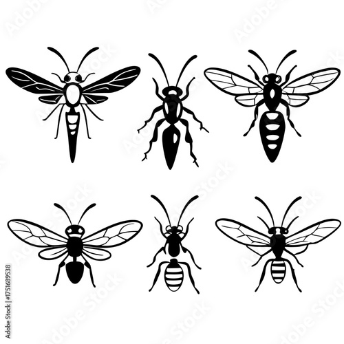 Collection of wasp silhouettes, showcasing diverse shapes and sizes of insects in black and white