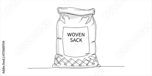 White woven polypropylene sack or bag for flour, sugar, or agricultural products continuous single line art drawing sketch on white background