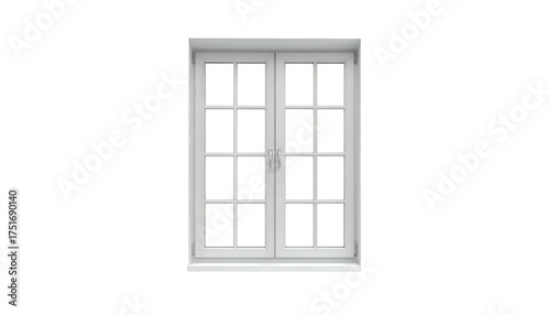 White-framed window with symmetrical grid pattern against black
