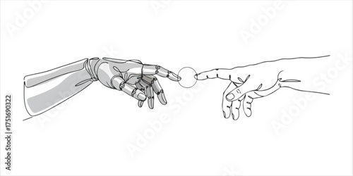 Robot and human hands about to touch, a modern Creation of Adam concept continuous single line art drawing sketch on white background