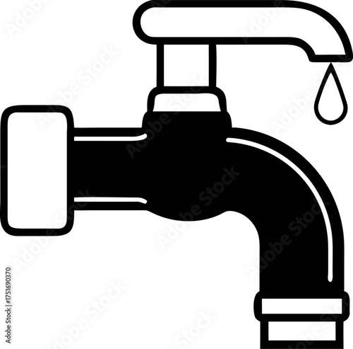 A bold black silhouette icon of a dripping water tap, representing plumbing leaks and environmental conservation concepts