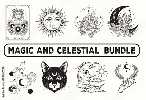 Magic and Celestial Bundle - Mystical Sun Moon Tarot Line Art Vector Set