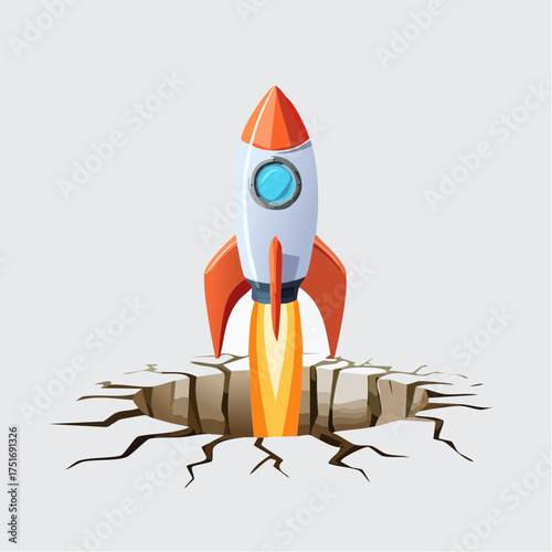 Cartoon rocket launching from a cracked surface, with flames propelling it upwards against a light gray background.