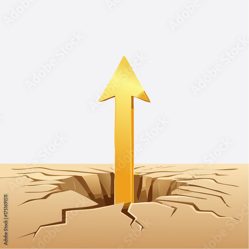A golden arrow emerges upwards from a crack in the ground, symbolizing growth or overcoming obstacles.