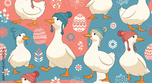 Cute cartoon geese wearing knitted hats and surrounded by easter eggs and floral patterns.