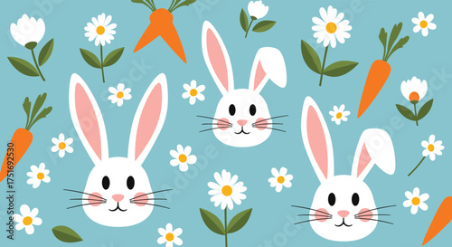 Whimsical Easter bunnies and cheerful carrots create a festive spring celebration with delicate daisies adorning a soft blue background.